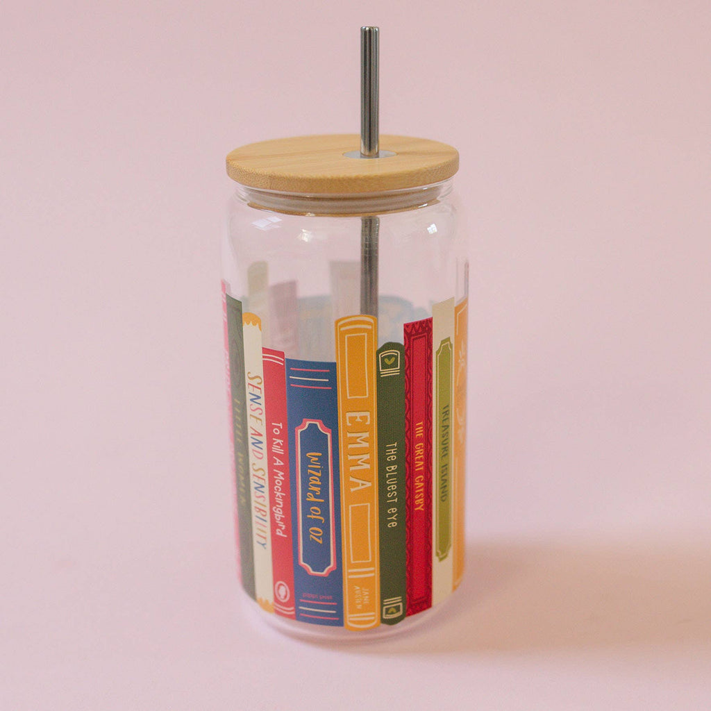 Books Glass with bamboo lid and metal straw