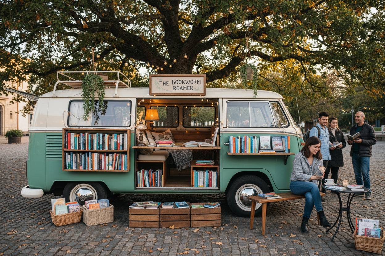 a vw single cab bus outfitted as a bookstore