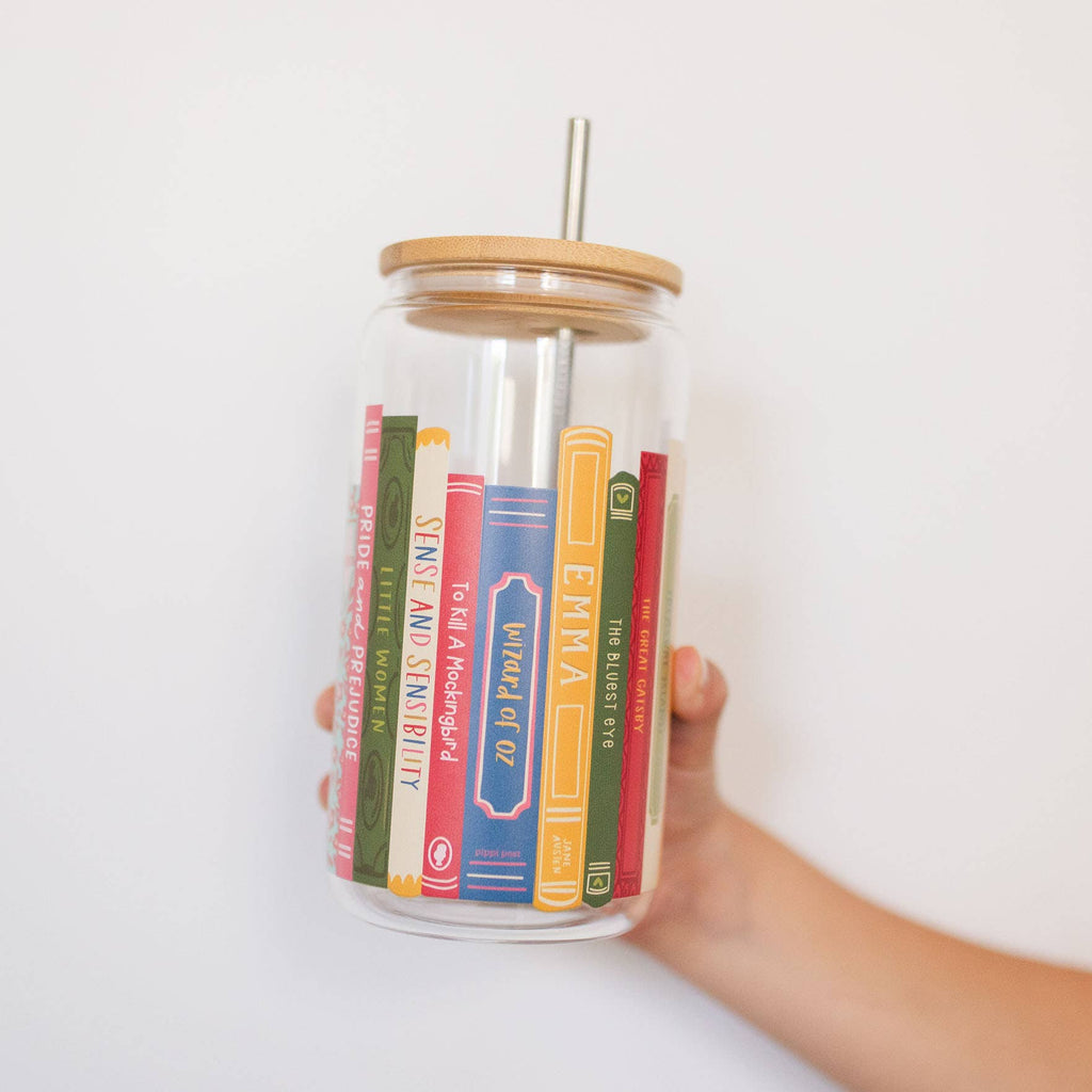 Books Glass with bamboo lid and metal straw